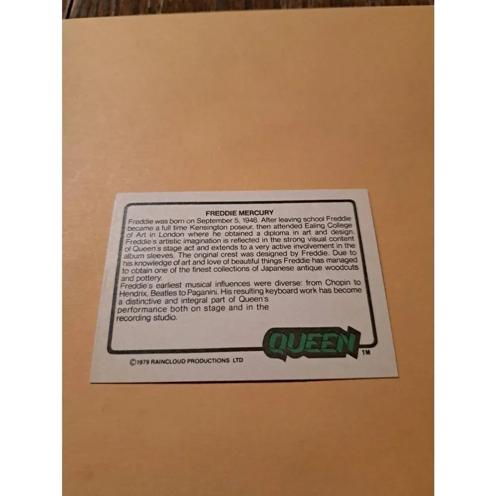 Vintage 1979 Raincloud Productions Queen Trading Card #45 Rock Band Memorabilia